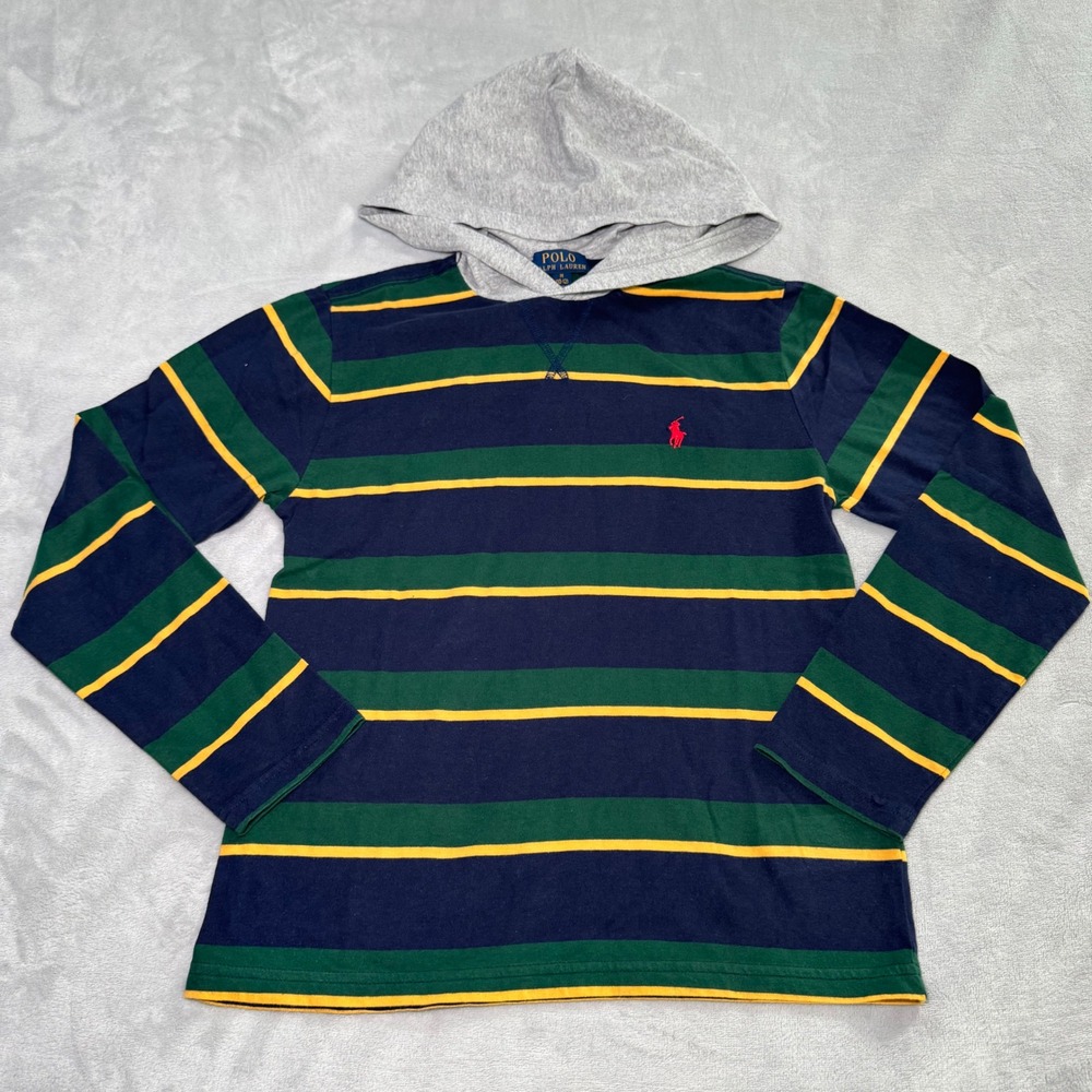 Polo Ralph Lauren‎ Kids Striped Hooded Long Sleeve T-Shirt Navy Green Yellow M